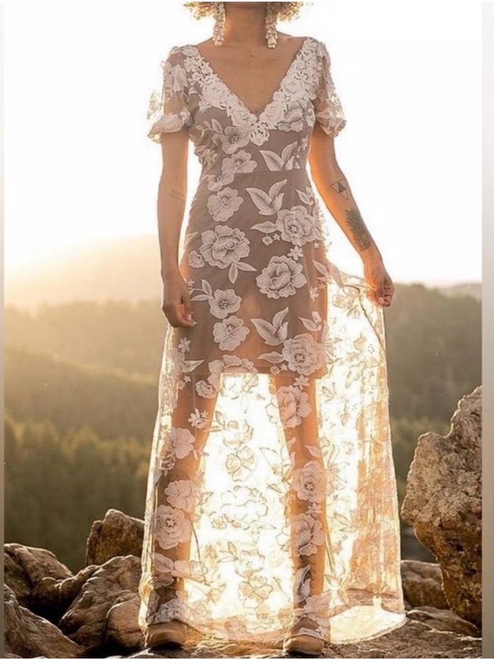 Joyfolie Sheer Floral Lace High-Low Dress in Light Beige and White